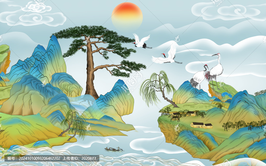 國潮迎客松山水插畫