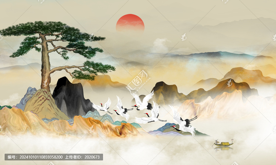 抽象迎客松山水