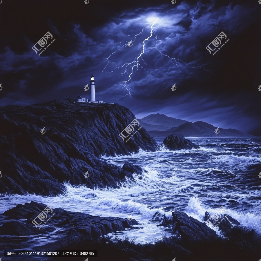 閃電下的海邊燈塔
