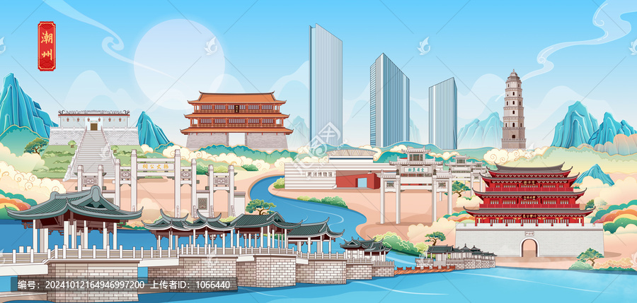 潮州國潮城市地標建筑手繪插畫