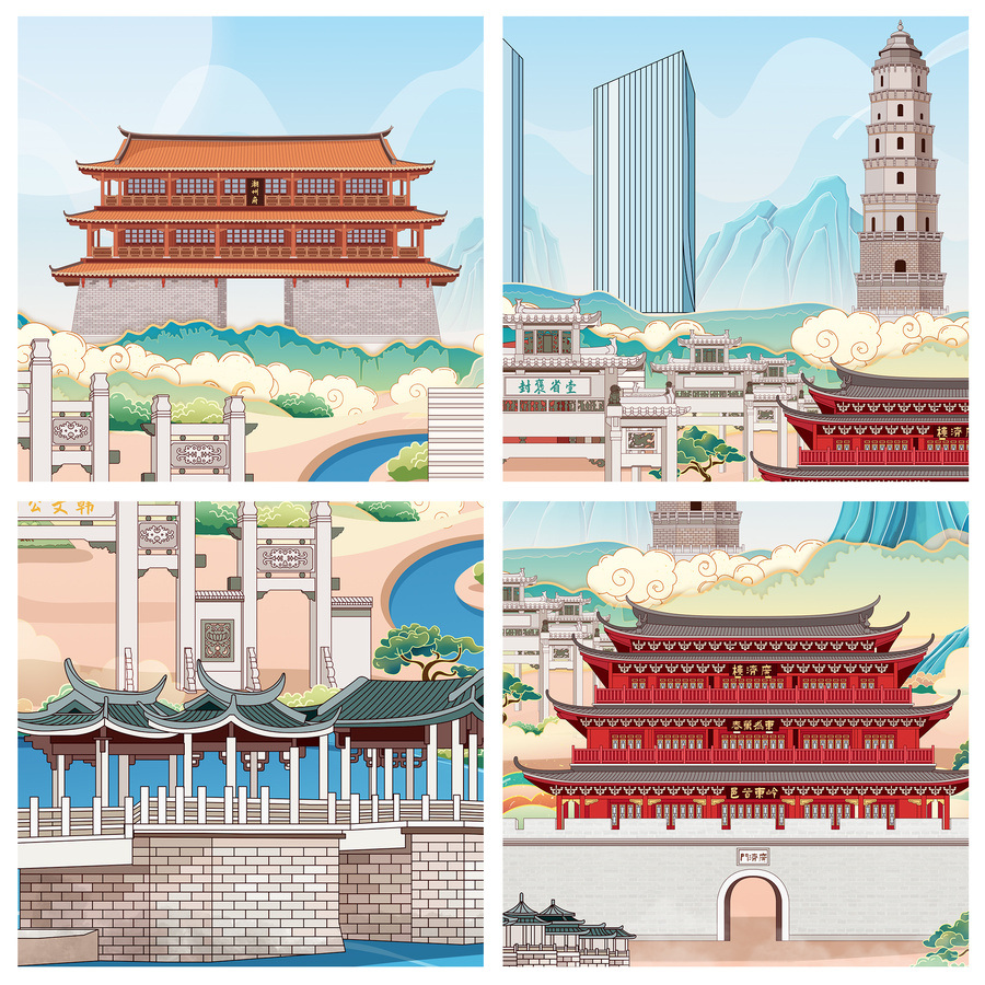 潮州國潮城市地標建筑手繪插畫