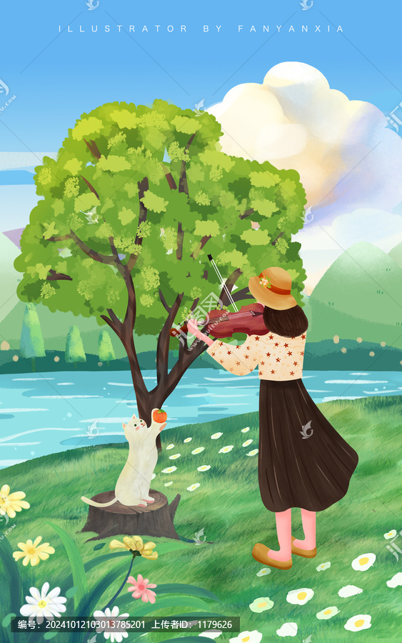 拉琴女孩辛小年背影插畫系列