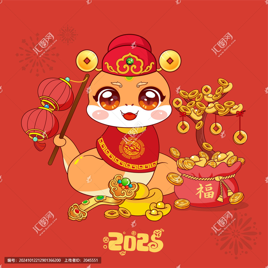 蛇年卡通蛇生肖蛇發(fā)財(cái)樹插畫ip
