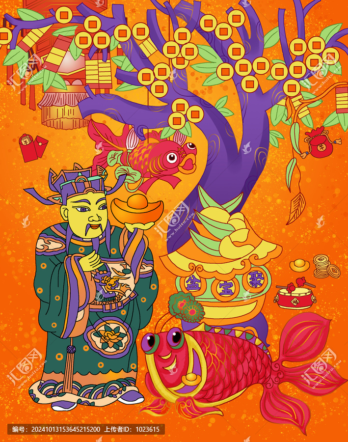 春節(jié)新年財(cái)神木板年畫(huà)民俗主題