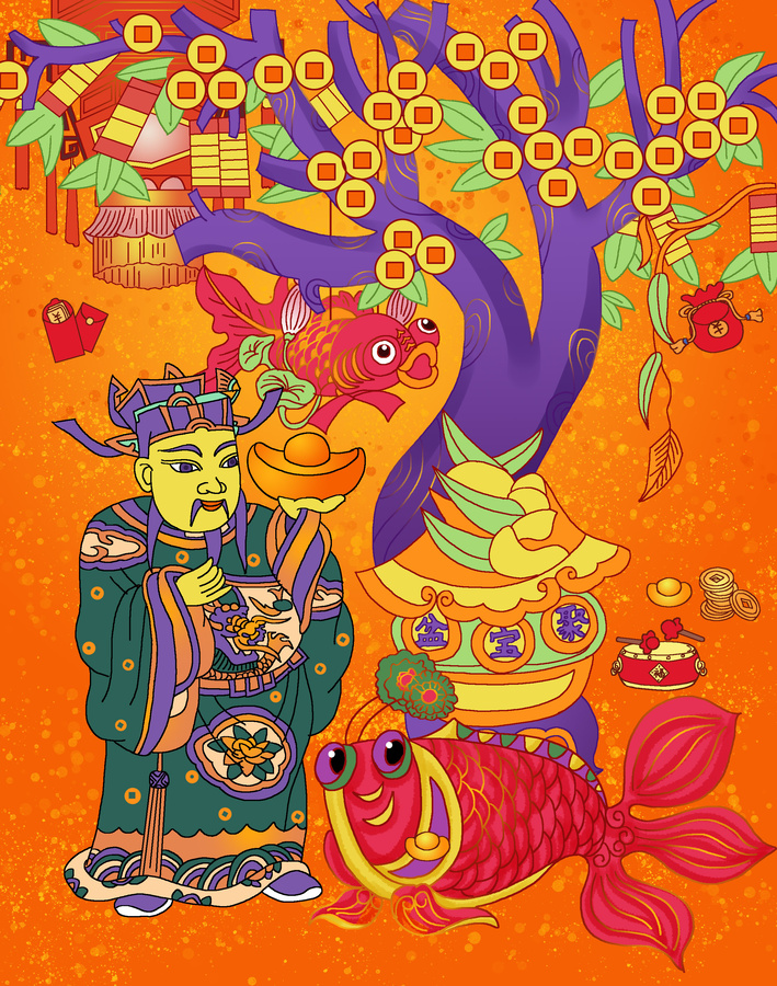 春節(jié)新年財(cái)神木板年畫(huà)民俗主題