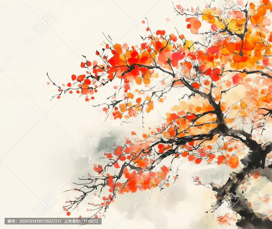 中式水墨畫(huà)秋色滿樹(shù)紅葉