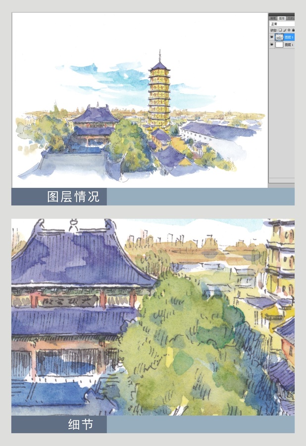 安徽合肥三河古鎮水彩畫