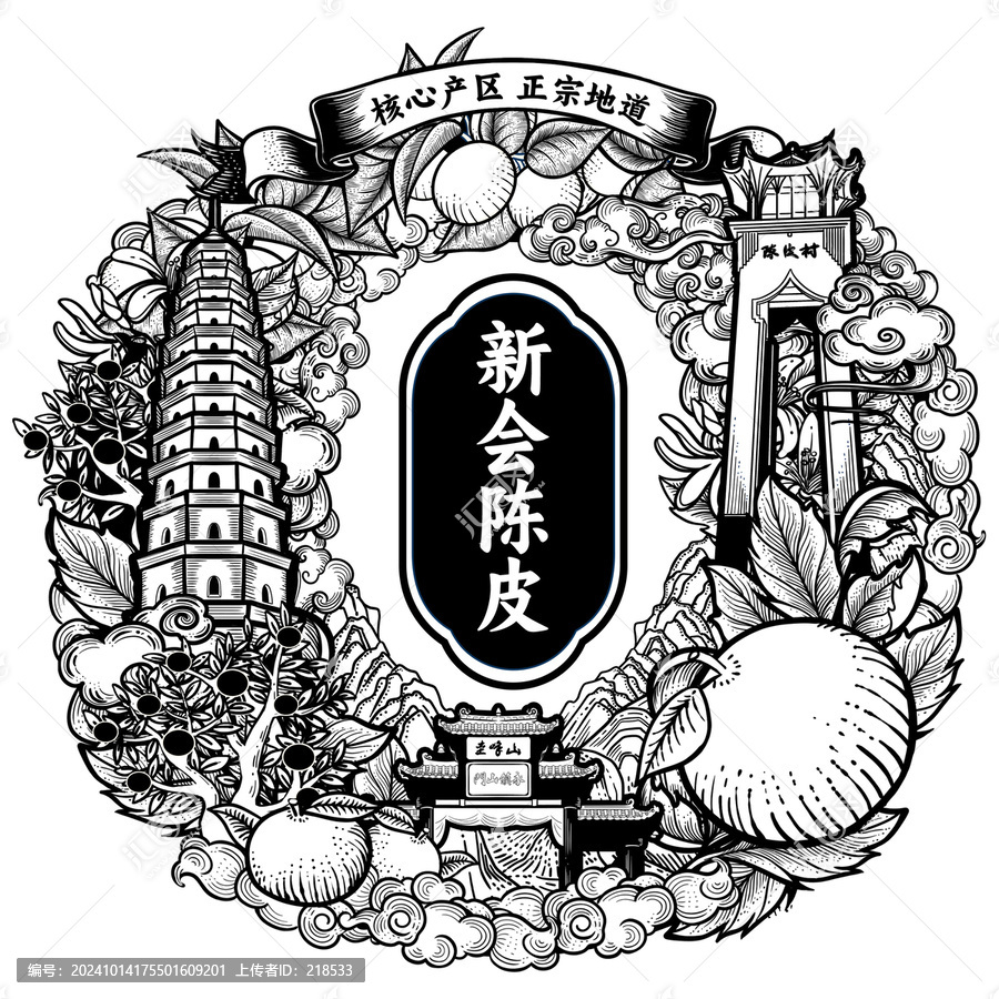 新會(huì)橙皮小青柑黑白線稿