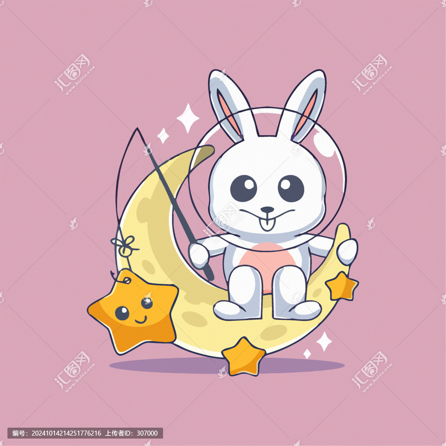 可愛小兔子月亮上釣魚矢量插畫