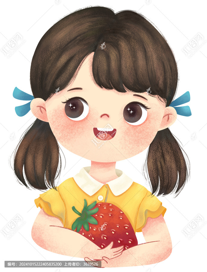手繪卡通可愛手抱草莓的小女孩