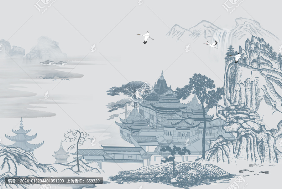 高端線描山水背景墻