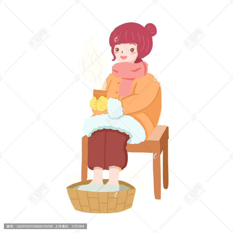 冬天養生泡腳手繪卡通元素