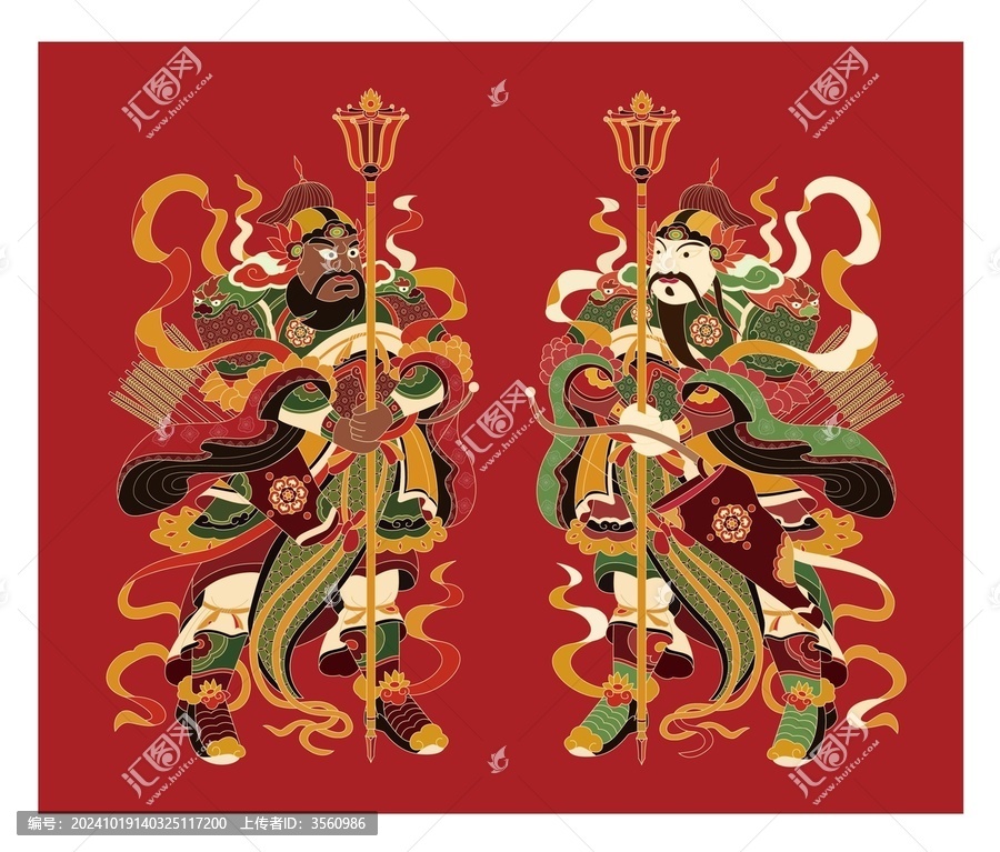 彩繪門神一對(duì)矢量圖