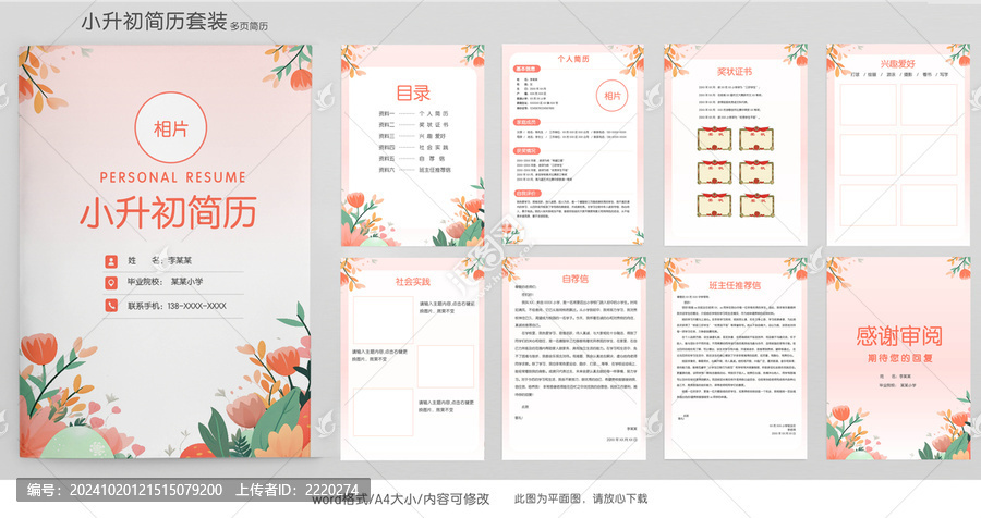 粉色清新小升初學(xué)生升學(xué)簡歷模板