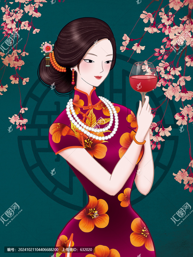 喝紅酒的旗袍美女