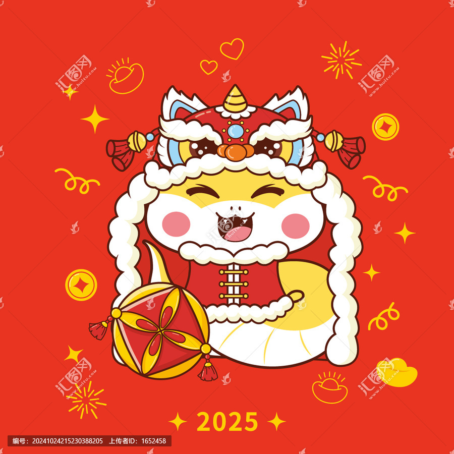 卡通蛇年玩球醒獅矢量插畫