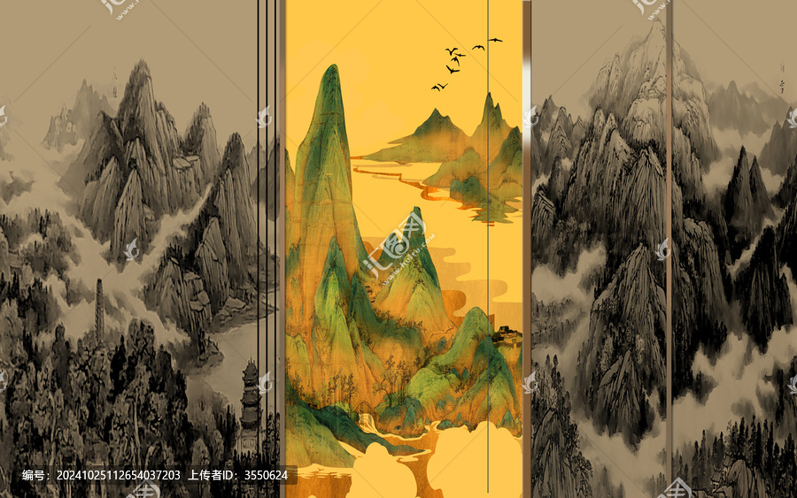 新中式裝飾山水背景墻硬包壁畫