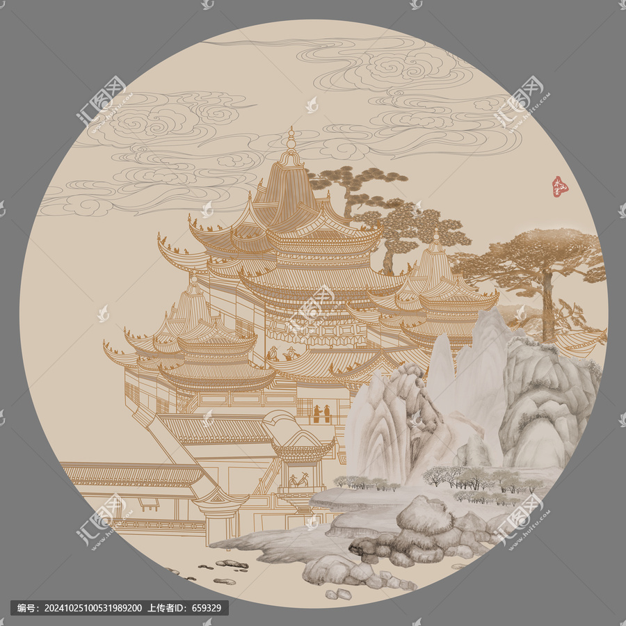 圓形樓閣山水圖