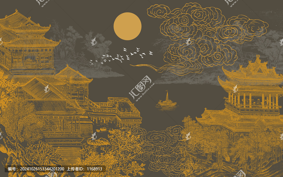 新中式山水樓閣背景