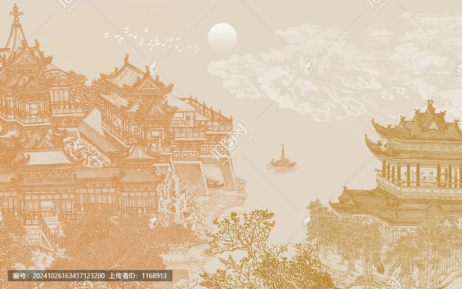 新中式樓閣山水背景墻