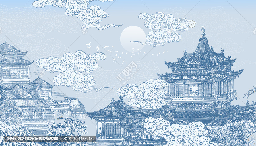 中式閣樓建筑背景壁畫