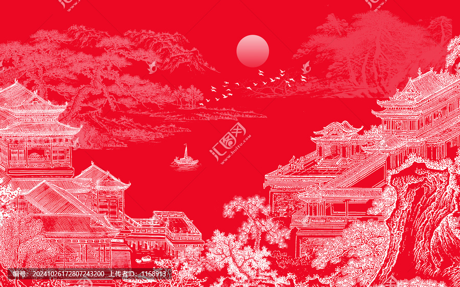 中式山水樓閣刺繡背景墻