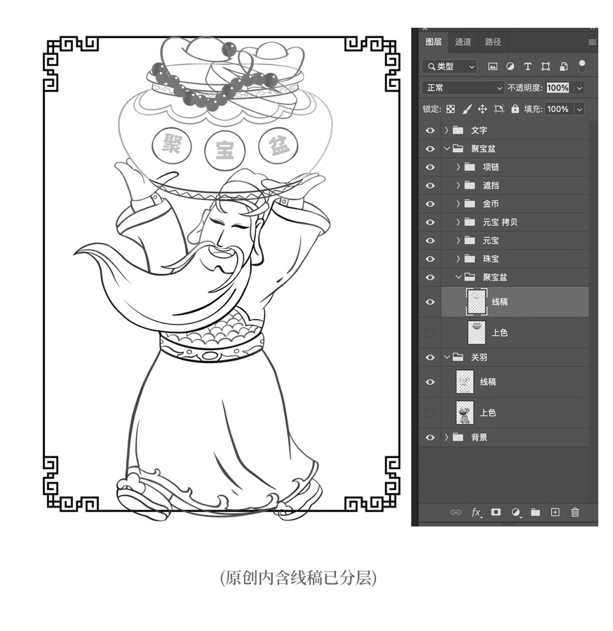 新年財(cái)富財(cái)神門神關(guān)公送財(cái)寶插畫