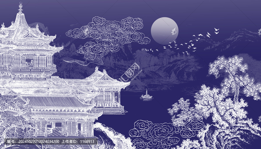 新中式樓閣山水背景