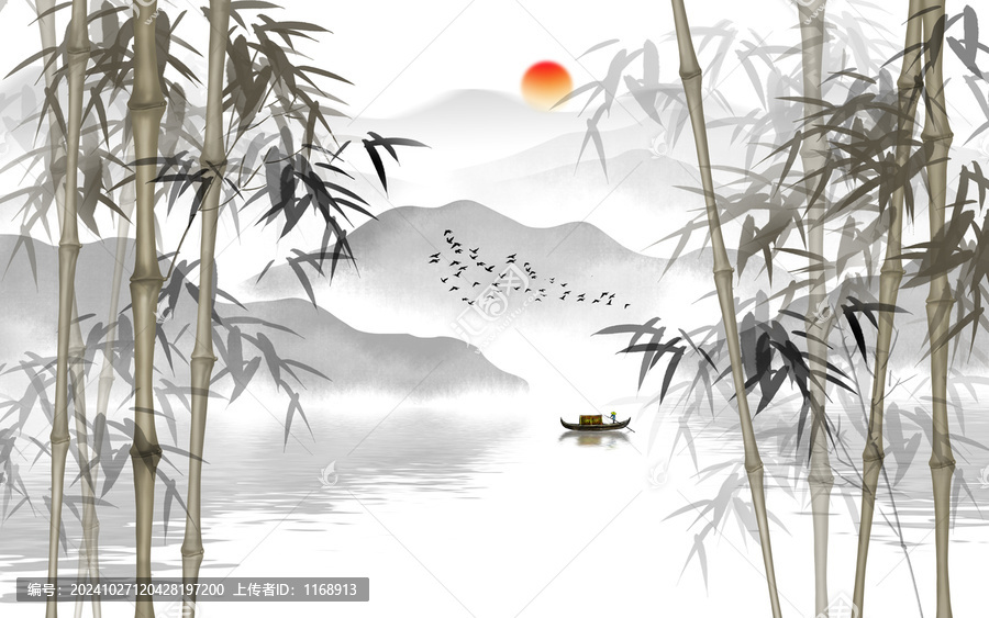 中式墨竹山水背景