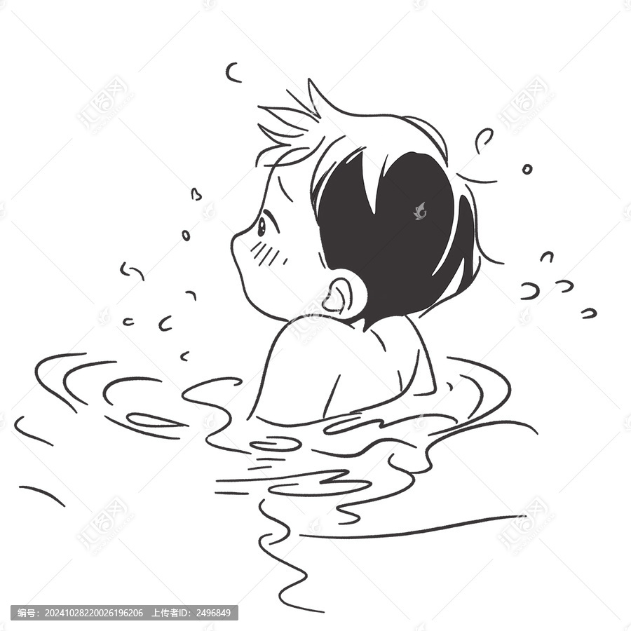 溺水的小男孩黑色簡筆漫畫圖案