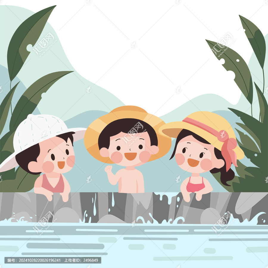 夏日兒童池塘游泳扁平風(fēng)插畫