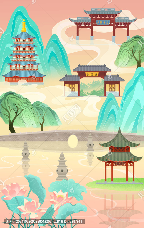 西湖十景杭州城市風(fēng)光手繪西湖