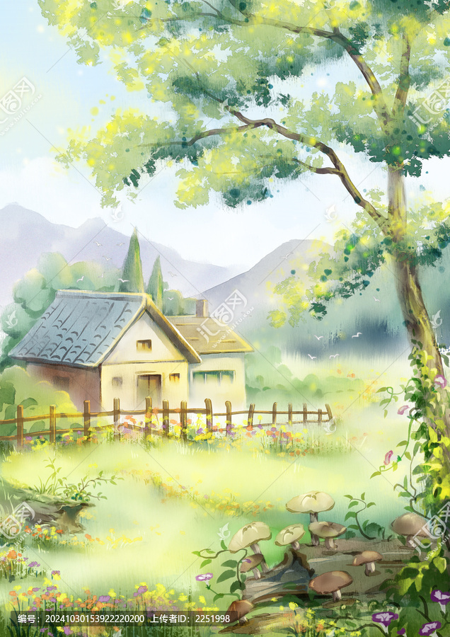 水彩風(fēng)村莊裝飾小場景
