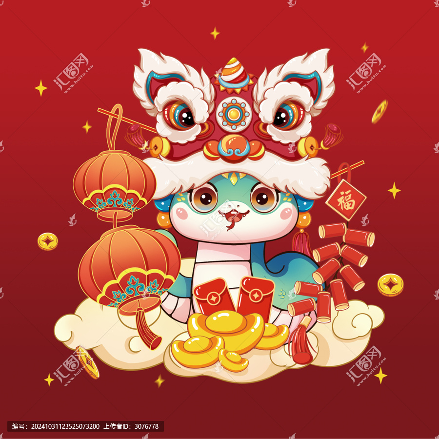 2025國潮蛇年春節舞獅插畫