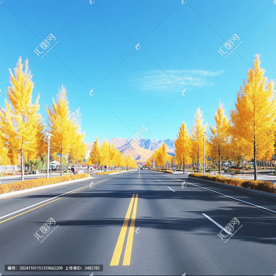 藍天白云道路秋色