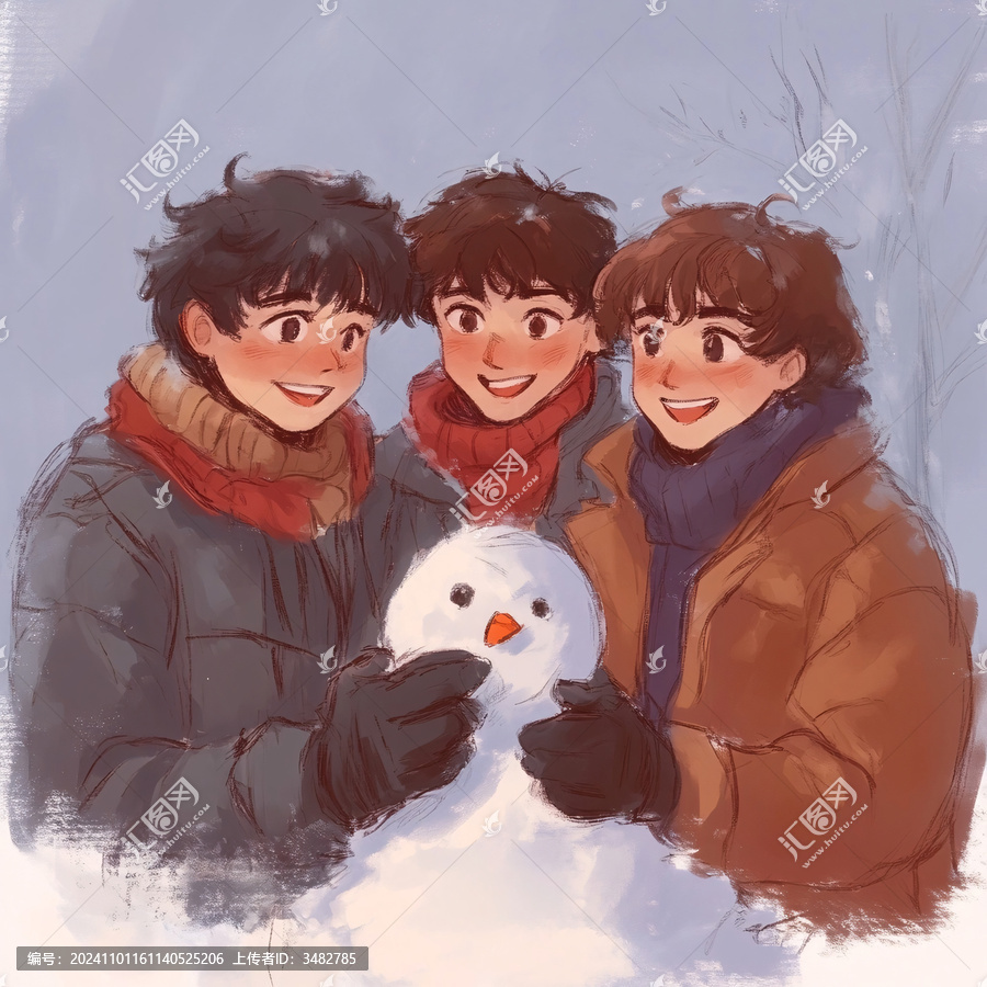 堆雪人的三個男孩