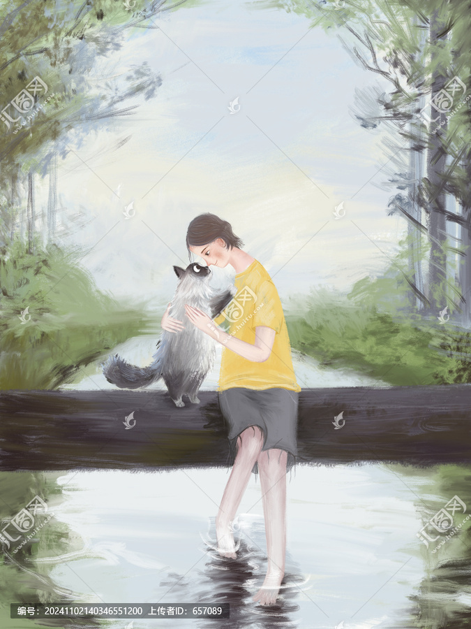 清新治愈貓咪女孩插畫