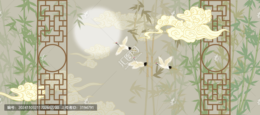 竹影仙鶴祥云中式背景