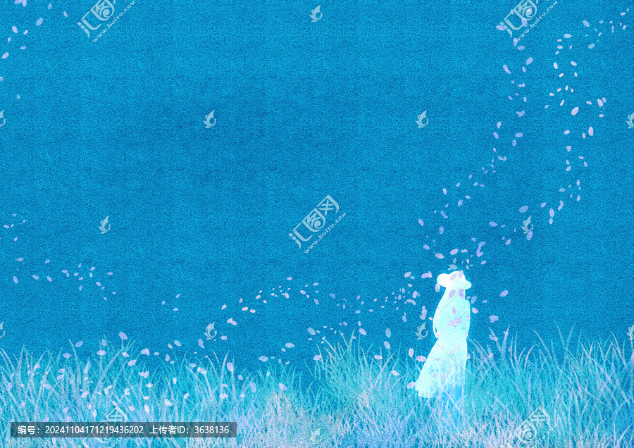 藍(lán)色背景下一個(gè)女人站在草地上