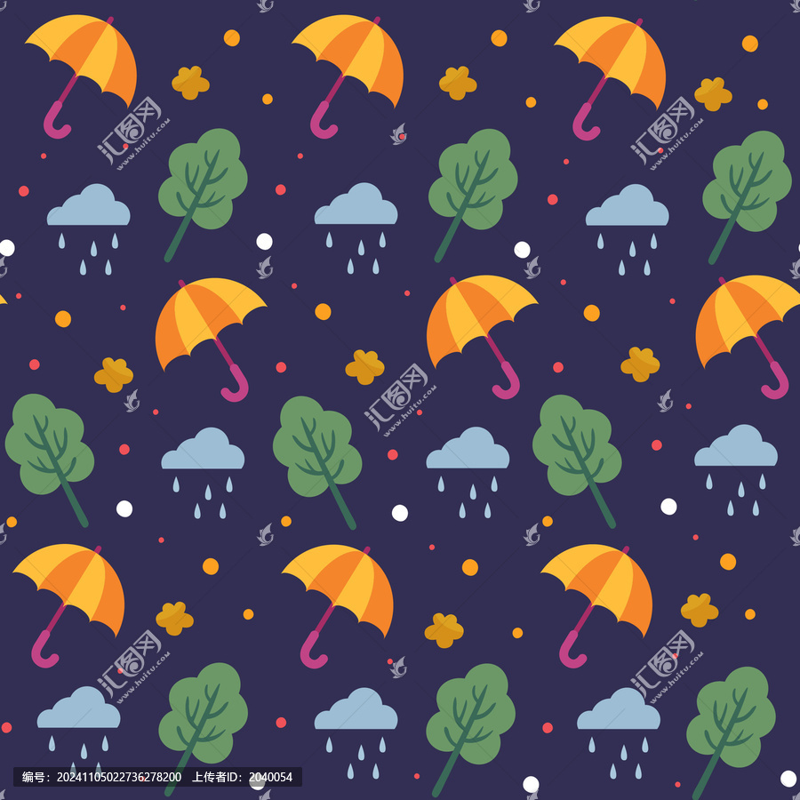 卡通雨傘下雨樹木圖案