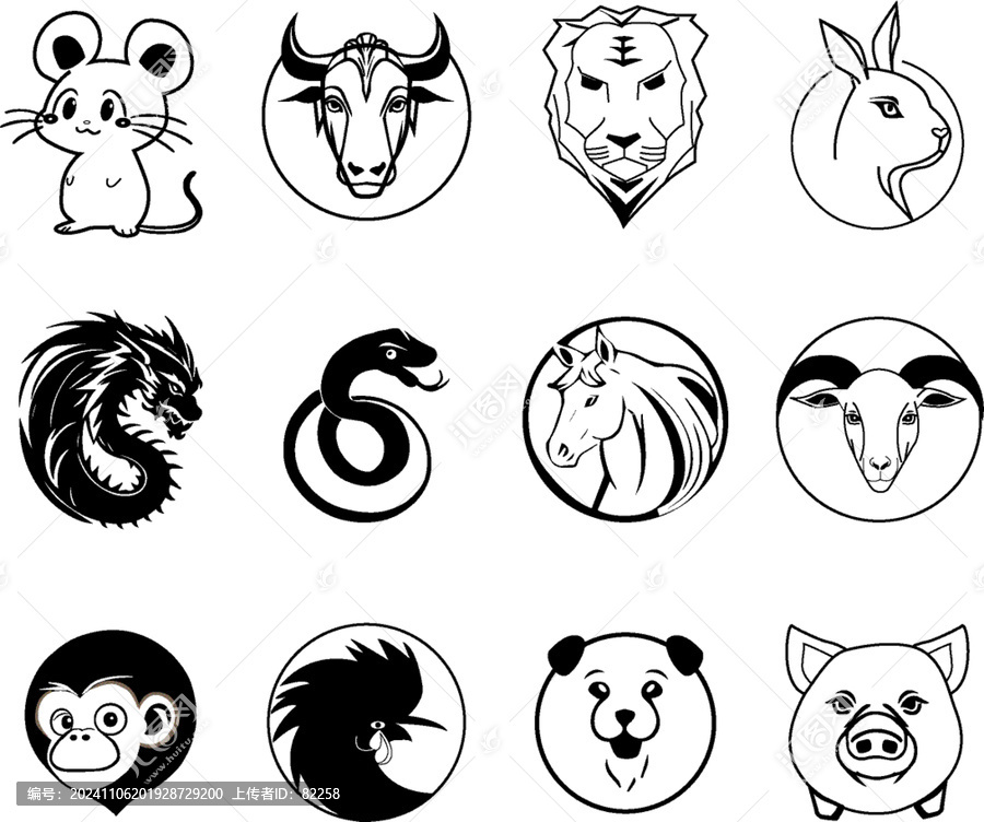黑白十二生肖蛇動物矢量圖標(biāo)