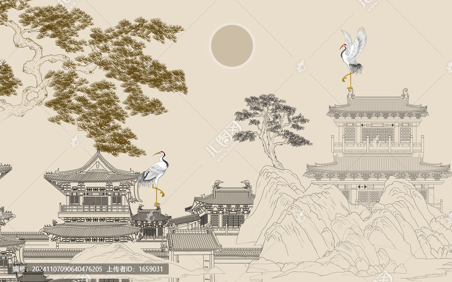 描線閣樓古建筑迎客松