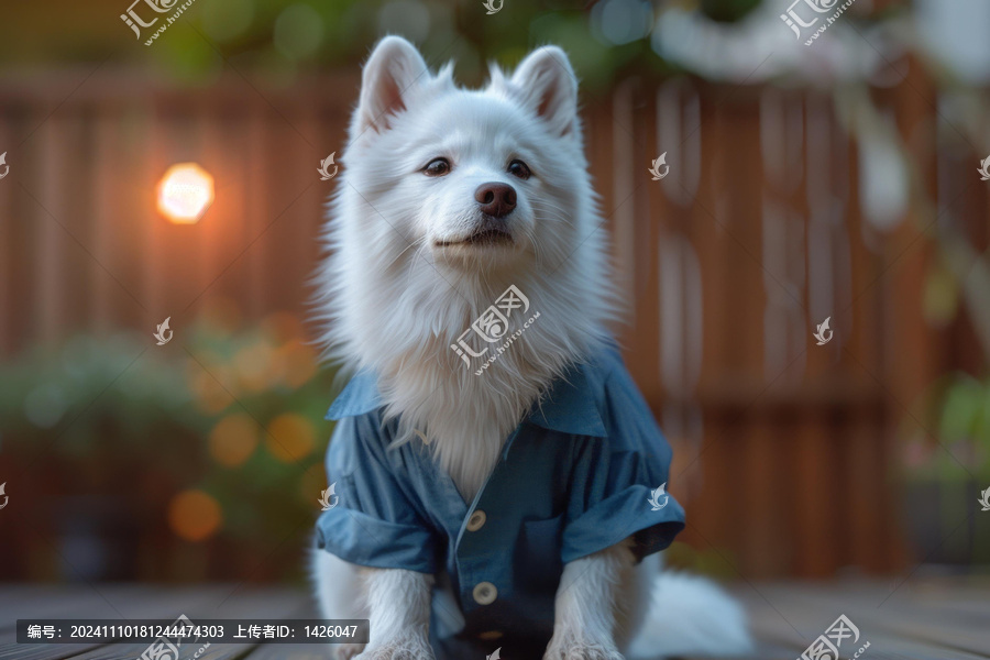一只可愛的小白狗穿著藍色襯衫坐在木地板上