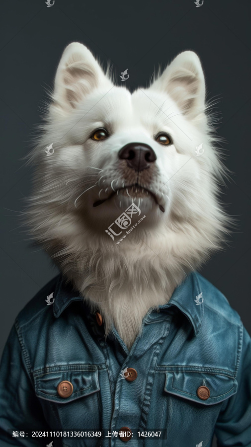 一只白色的蓬松的狗穿著一件藍色的牛仔襯衫