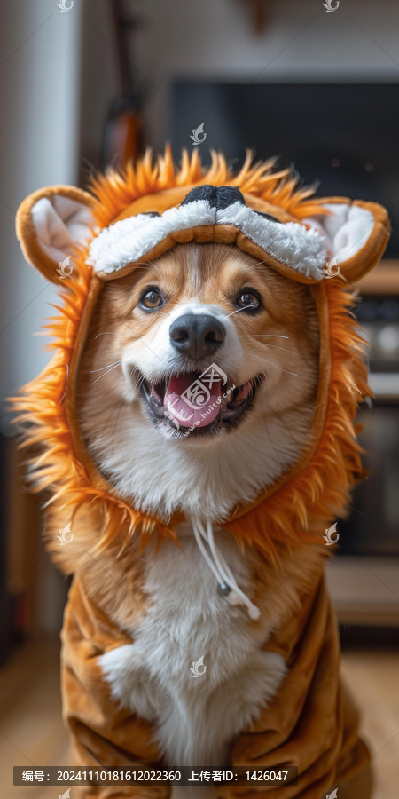 一只可愛的小柯基犬戴著獅子服裝