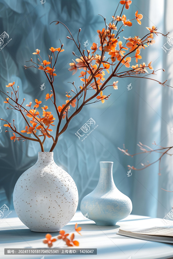輕藍(lán)白陶花器擺放