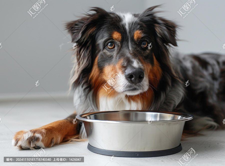 一只澳大利亞牧羊犬正趴在不銹鋼碗旁邊