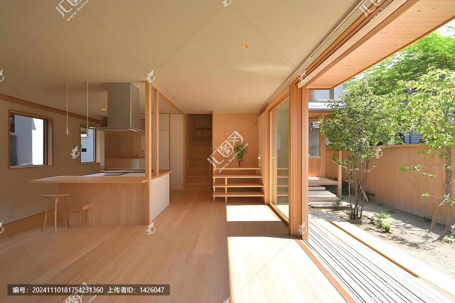 現(xiàn)代日式風(fēng)格住宅室內(nèi)設(shè)計(jì)，木地板和大型滑動(dòng)門