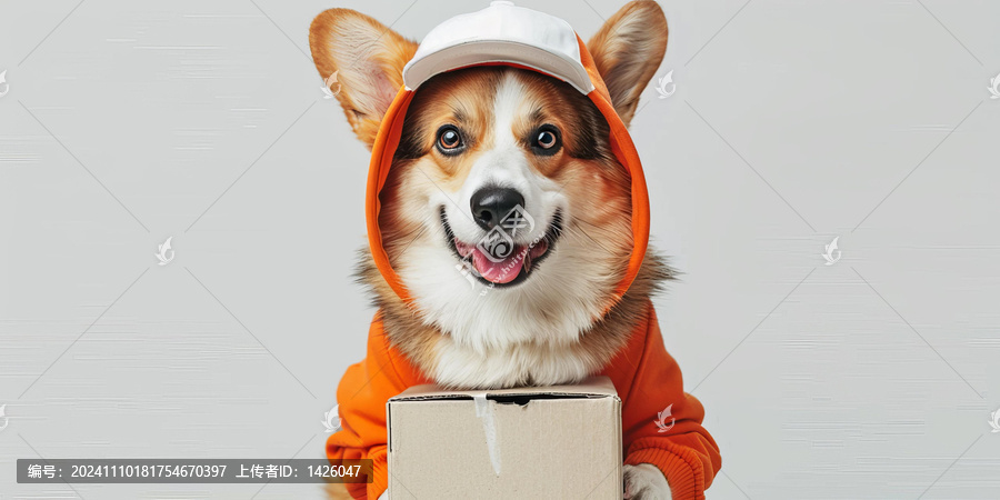 穿著快遞服的狗狗抱著包裹