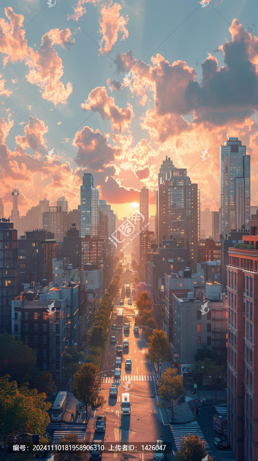 朝陽下的都市街景